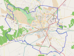 Mapa konturowa Gorzowa Wielkopolskiego, w centrum znajduje się punkt z opisem „Hala Sportowa Akademii im. Jakuba z Paradyża w Gorzowie Wielkopolskim”