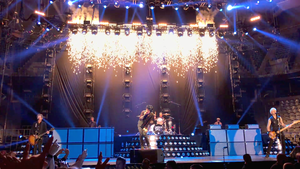 Green Day performing in January 2017; from left to right: Jason White, Jeff Matika, Billie Joe Armstrong, Tré Cool, Jason Freese, and Mike Dirnt