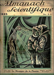 couverture titrée L'Almanach scientifique 1925 avec un dessin représentant deux hommes face à un extraterrestre.