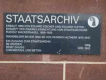 Staatsarchiv, Martinsgasse 2, Basel-Stadt. Erbaut 1898 von den Architekten Eduard Vischer und Rudolf Eduard Fueter. Konzept der inneren Einrichtung von Staatsarchivar Rudolf Wackernagel (1855–1925). Heinrich Altherr (1878–1947), Kunstmaler. Wandbilder von 1942–1946 im Kreuzgang