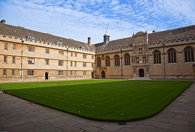 Wadham College was founded in 1610 by Dorothy Wadham using money bequeathed for this purpose by her husband Nicholas Wadham. The main quadrangle, seen here, was built 1610–13 to designs by William Arnold.