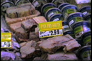 Market display of gar fillets