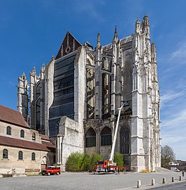 The exterior viewed from the south-west, showing a Sapeur-Pompier training exercise