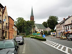 Town center with the Gothic Saint Andrew Bobola church