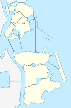 Mapa konturowa Makau, u góry po lewej znajduje się punkt z opisem „Katedra Narodzenia NMP w Makau”