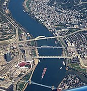 Aerial view of bridges in Downtown Cincinnati in 2017