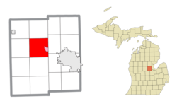 Location within Midland County (red) and the administered village of Sanford (pink), and location within Michigan