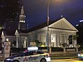 Street view at night of the restored cathedral