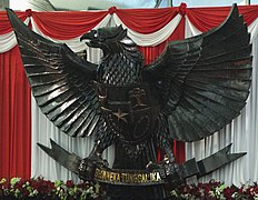 Detail of the national emblem displayed in front of Nusantara's meeting hall