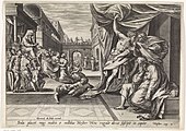Τζεράρντ ντι Γιόντε (Gerard de Jode), Η στέψη της Εσθήρ, γκραβούρα, 1585, Κρατικό Μουσείο της Ολλανδίας, Άμστερνταμ. Η Εσθήρ στέφεται βασίλισσα από τον βασιλιά Ασουήρο (αριστερά). Σε πρώτο πλάνο, ο Μαρδοχαίος ακούει δύο αρχιφρουρούς της βασιλικής πύλης να συνωμοτούν εναντίον του βασιλιά. Αναφέρει στη βασίλισσα Εσθήρ όσα άκουσε (μέση δεξιά), εκείνη ενημερώνει τον βασιλιά (στη γέφυρα) και οι δύο αρχιφρουροί απαγχονίζονται (κάτω από τη γέφυρα).