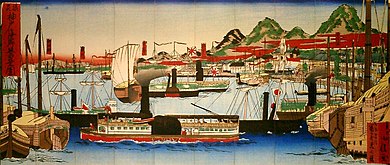 This nishiki-e (colored woodcut) shows a foreign steamboat entering Hyōgo Port shortly after its opening to the West in the late 19th century.