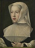 Margarete, erkehertuginne av Østerrike (1480–1530) iført deuil blanc, hvitt sørgeslør, tidlig på 1500-tallet, i form av hakelin med plissert barbett av tynt stoff og stivet hodelin. Maleri av Bernaerd van Orley.