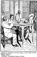 Cesare Lombroso and Charles Richet "control" while Palladino levitates table, Milan, 1892.