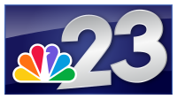 The NBC peacock in the lower left next to a silver slightly angled number 23 sitting over a glossy, navy blue box.