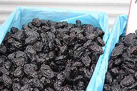 Prunes (dried prune plums) for sale at Petroșani market in Romania