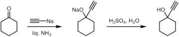 Synthesis of 1-ethynylcyclohexanol from cyclohexanone.