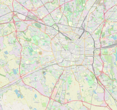 Mapa konturowa Mediolanu, w centrum znajduje się punkt z opisem „Narodowe Muzeum Nauki i Technologii im. Leonarda da Vinci”