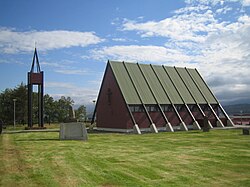 The church in Miklibær, with a dramatic a-frame construction