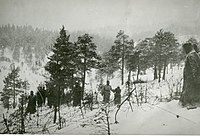 Tyske piggtrådsperringer og forsterket vakthold på grensa mellom Norge og Sverige da nordmenn flyktet under andre verdenskrig Foto: Riksarkivet, vinteren 1943