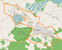 Mapa konturowa Przemkowa, blisko centrum na dole znajduje się punkt z opisem „Parafia Wniebowzięcia Najświętszej Maryi Panny w Przemkowie”