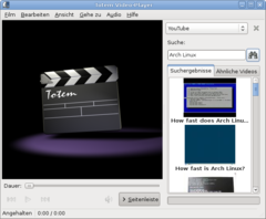 Bildschirmphoto von Totem mit aktiven YouTube-Plugin