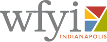 The lowercase letters "wfyi" in a gray serif next to four triangles, in blue, red, yellow, and green, that form a square. The word "Indianapolis" is in all uppercase in red in the lower right corner.