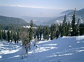 Daytime view looking down from a snowy ridge onto a mountain valley far below, lost in mist. Continuing into the far distance at right, a series of high snow-covered mountains continue the ridge. The mountains are mostly covered in evergreen forest; dappled sunlight strikes the snow cover.