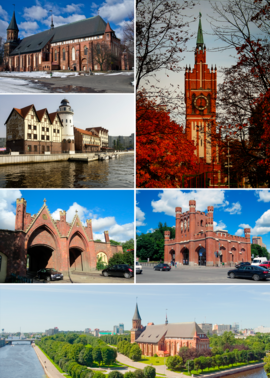 Kutsal Aile Kilisesi; Königsberg Katedrali; Sözde tarihi tarzda "balıkçılar köyü"; Brandenburg Kapısı; Kral Kapısı; Pregolya Nehri