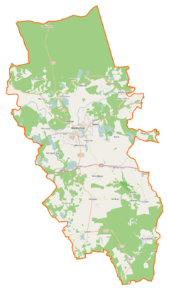 Mapa konturowa gminy Międzychód, w centrum znajduje się punkt z opisem „Parafia Męczeństwa Świętego Jana Chrzciciela”