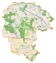 Mapa konturowa gminy Miękinia, blisko centrum na prawo u góry znajduje się punkt z opisem „Kościół Matki Bożej Różańcowej w Brzezinie”