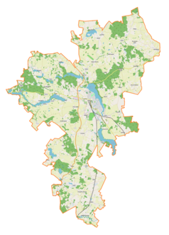 Mapa konturowa gminy Olecko, blisko centrum na lewo u góry znajduje się punkt z opisem „Duły”