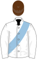 White, light blue sash, brown cap