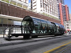 Bus Rapid Transit shelter for the RIT system in Curitiba, Brazil, known as "tubo" (tube)