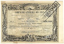 Gründungszertifikat der Compagnie Générale des Eaux (CGE) über 5 Aktien zu je 125 Francs, datiert in Paris am 16. August 1853, eigenhändig unterschrieben von Barthélemy Prosper Enfantin als leitender Direktor. Die Gründung der CGE, der Keimzelle von Vivendi, geht auf die sozialistische Ideen des Saint-Simonisten Enfantin.