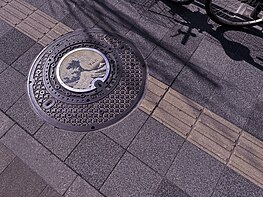 Manhole cover featuring The Great Wave off Kanagawa outside of the Hokusai Museum in Sumida, Tokyo