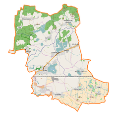 Mapa konturowa gminy Kunice, na dole nieco na prawo znajduje się punkt z opisem „Dwór w Rosochatej”