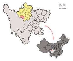 Location of Jinchuan County (pink) and Ngawa Prefecture (yellow) within Sichuan Province