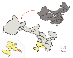 Zhugqu County (pink) within Gannan Prefecture (yellow) and Gansu