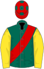 Dark green, red sash, yellow sleeves, red cap, dark green spots