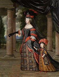 Königin Marie Thérèse mit ihrem Sohn, dem Dauphin Louis, kostümiert für einen Maskenball, ca. 1664 (Madrid, Prado)