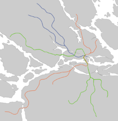 Mapa konturowa regionu Sztokholm, u góry nieco na lewo znajduje się punkt z opisem „Rinkeby”