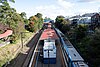 The two platforms at Belgrave station viewed from Belgrave-Gembrook Road with an X'Trapolis train at Platform 2