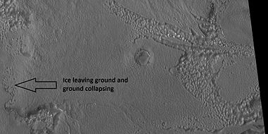 Close view of upper plains unit breaking down into brain terrain, as seen by HiRISE under HiWish program. As ice leaves the ground, the ground collapses and winds blow the remaining dust away.