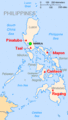 Pasifik ateş çemberi bölgesinde bulunan Filipinler'deki yanardağlar kırmızı üçgenle gösterilmiştir