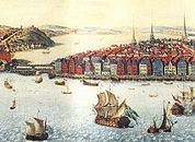 Skeppsbron omkring 1690, maleri etter Willem Swiddes kobberstikk for Suecia antiqua et hodierna.