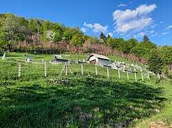 A cemetery on a green hillside with a mausoleum and several gravemarks, viewed from below the hill, in Taračin Do