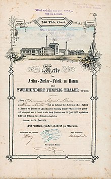 Gründeraktie der Actien-Zucker-Fabrik zu Barum über 250 Thaler, ausgestellt am 30. Juni 1858