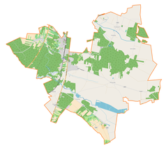 Mapa konturowa gminy Gomunice, blisko centrum po lewej na dole znajduje się punkt z opisem „Borowiecko-Kolonia”