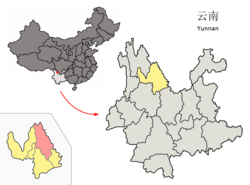 Location of Ninglang County (pink) and Lijiang City (yellow) within Yunnan