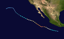 A track map of the path of a hurricane off the Pacific coast of Mexico